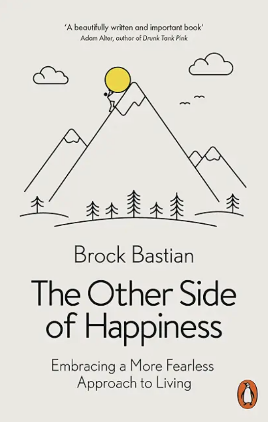 Mountain line drawing with a yellow sun above the words "the other side of happiness".