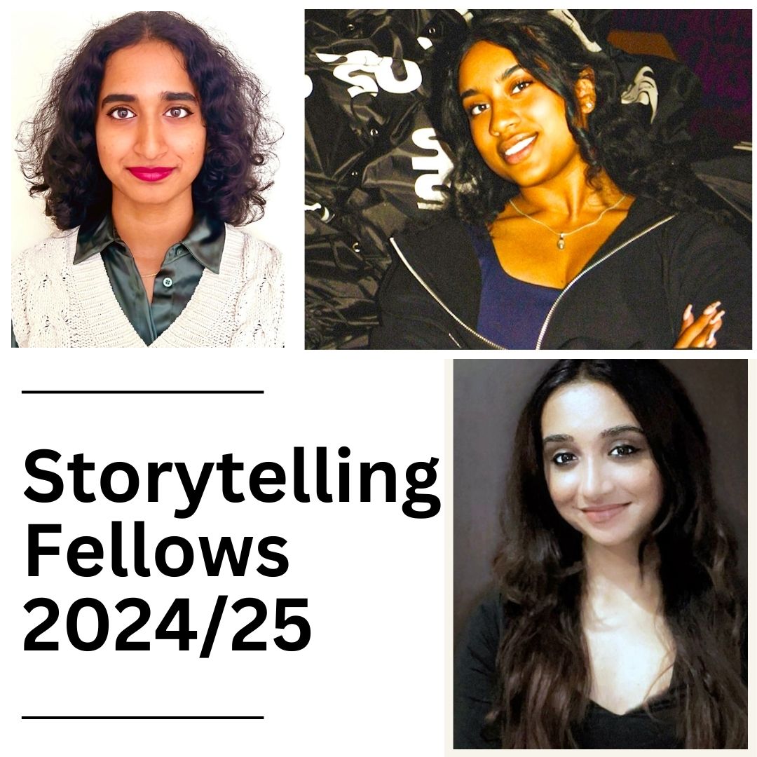 A collage of faces and the text "Storytelling Fellows 2024/25"