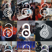 A collage including a series of open locks representing open access superimposed over images of people engaging in open research.