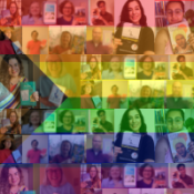 Collage of UTSC Librarians and staff holding books by LGBTQ+ authors or centring #LGBTQ+ characters.