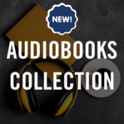 Text reads, NEW, Audiobooks Collection. Text over an image of headphones. 