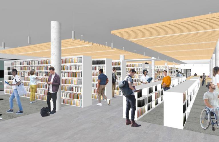 an artistic rendering of the renovations on the first floor of the library