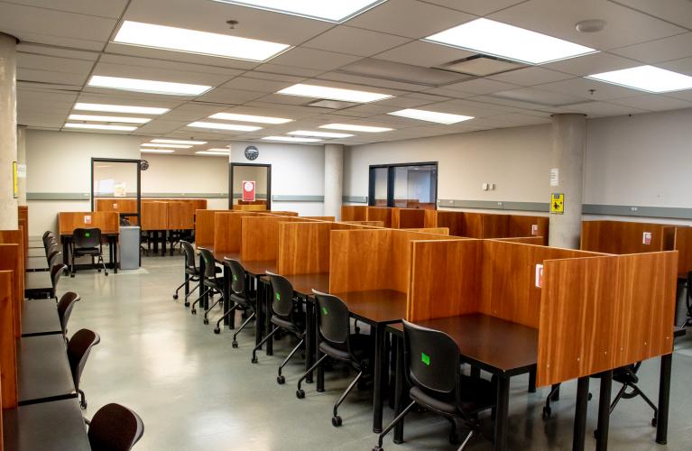 The silent study space in the library (a series of tables with dividers)