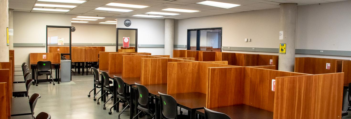 The silent study space in the library (a series of tables with dividers)