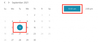 A screenshot of the MS bookings page with a red box highlighting time on a calendar booking page