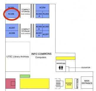 map of the first floor of the library with AC256 circled in red